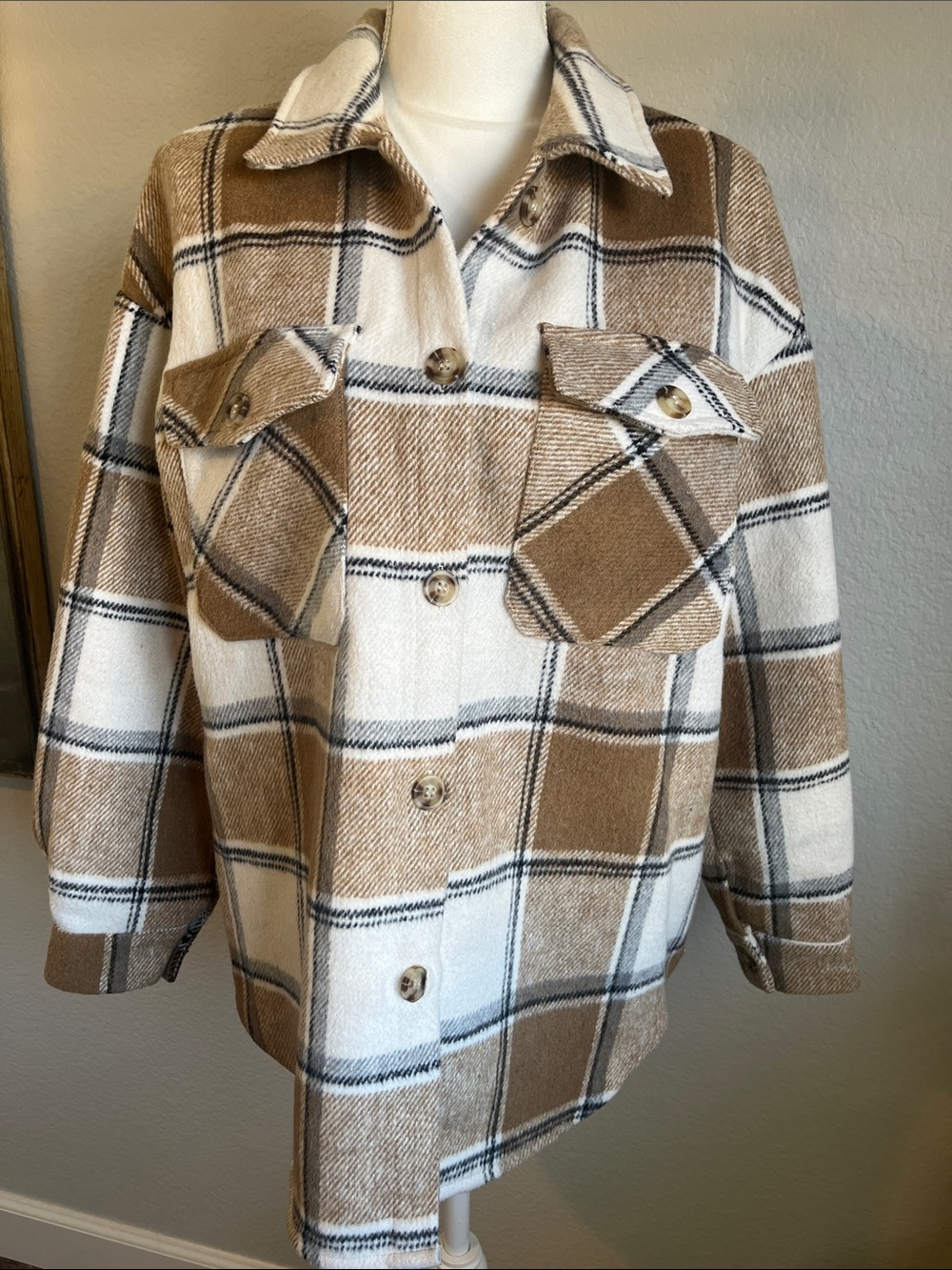 SHEIN Cream & Tan Plaid Utility Shacket